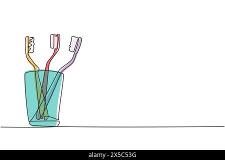 Linea singola continua che disegna diversi spazzolini da denti in vetro. Apparecchiature per la cura dentale a casa. Pulizia dei denti. Concetto di cura dei denti. Centro di igiene orale. Uno Illustrazione Vettoriale