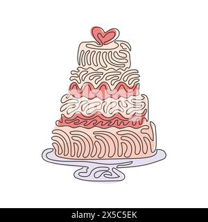 Torta nuziale disegnata su una linea continua con una forma d'amore sulla parte superiore. Dolce torta per celebrare il matrimonio. Gustosa festa di nozze con dessert. Arriccia i capelli. Peccato Illustrazione Vettoriale