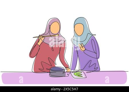 Linea singola continua che disegna due amici arabi cucinano insieme e cantano con le spatole come microfono. Ballare e divertirsi in cucina. Dinamica Illustrazione Vettoriale