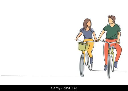 Una linea continua che attira una coppia felice in bicicletta all'aperto in estate. Romantica coppia in bicicletta che si tiene per mano. Insieme di giovani marito e moglie. Si Illustrazione Vettoriale