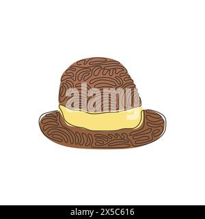 Cappello fedora con disegno su una sola linea, vista laterale, con fascia in pelle abbronzata, corona dentellata e bordi a scatto. Accessorio per la testa degli uomini. Arriccia i capelli. Conti Illustrazione Vettoriale