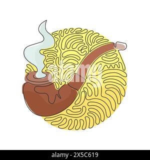 Linea singola continua che disegna il tubo fumatore con fumo. Tubo di tabacco isolato. Tubo per fumare tabacco. Stile di sfondo cerchio arricciatura a turbolenza. Dinamico o Illustrazione Vettoriale