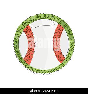 Palla da baseball in pelle con disegno a linea continua singola. Sport tradizionali americani. Palla da baseball e pipistrelli. Stile di sfondo cerchio arricciatura a turbolenza. Acceso Illustrazione Vettoriale