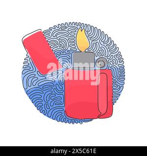 Accendisigari per metallo con linea continua singola. Fuoco dall'accendino. Manuale, accendisigari a gas con fiamma in stile piatto. Cerchio di curvatura di turbolenza sfondo st Illustrazione Vettoriale