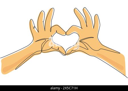 Una sola linea disegna le mani facendo segno o simbolo cuore con le dita. Belle mani con spazio per la copia. Concetto di amore con gesti delle mani. Continu moderno Illustrazione Vettoriale