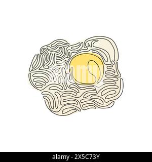 Colazione a base di uova fritte con una linea continua. Logo tuorlo omelette. Uova strapazzate. Cibo delizioso e salutare al mattino. Arriccia i capelli Illustrazione Vettoriale