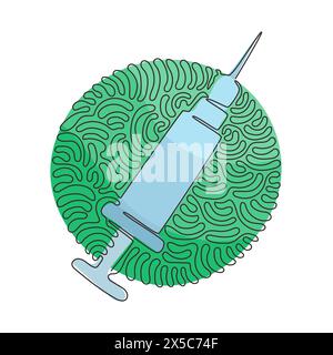 Icona singola della siringa di iniezione con disegno su una linea. Iniezione logo medico. Vaccino e simbolo della medicina. Stile di sfondo cerchio arricciatura a turbolenza. Moderno Illustrazione Vettoriale