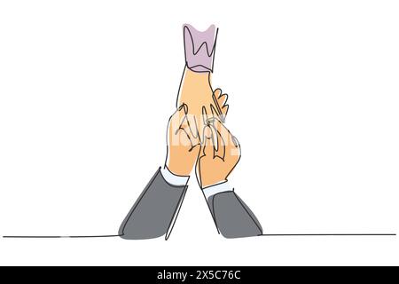 Una sola linea che disegna un uomo con anello di mano da donna. La sposa e lo sposo fanno voto di fedeltà il giorno del loro matrimonio. Cerimonia di matrimonio. Colazione continentale Illustrazione Vettoriale