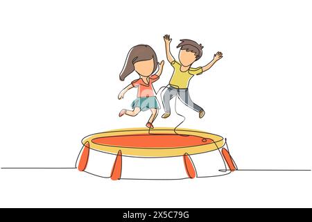 Una linea continua che disegna ragazza e ragazzo felici che saltano insieme sul trampolino. Bambini carini che saltano sul trampolino rotondo. Attività all'aperto per bambini Illustrazione Vettoriale