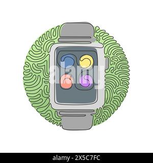 Disegno continuo su una sola riga display del dispositivo Smart Watch con icone delle app. Tecnologia indossabile Smart Watch. Stile di sfondo cerchio arricciatura a turbolenza. lin singolo Illustrazione Vettoriale