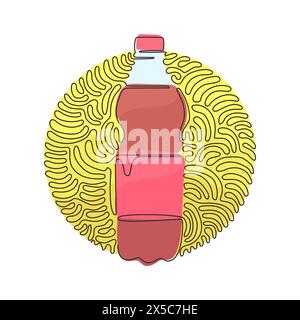 Una linea continua per disegnare bibite analcoliche in plastica per bottiglie. Bibita fredda per una sensazione rinfrescante. Bevi per dissetare. Stile di sfondo cerchio arricciatura a turbolenza Illustrazione Vettoriale