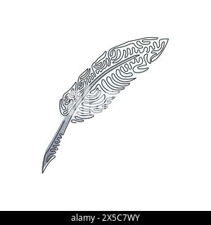 Una sola linea disegna il logo della penna quill vintage Feather con tratto di inchiostro nero, icona Scratch, classica illustrazione di cancelleria. Arriccia i capelli. Continu Illustrazione Vettoriale