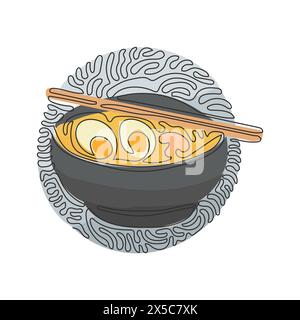 Una sola linea con spaghetti di ramen di cibo giapponese con vari condimenti nel recipiente. Zuppa tradizionale asiatica di spaghetti. Stile di sfondo cerchio arricciatura a turbolenza. Illustrazione Vettoriale