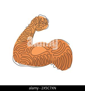 Linea singola continua che assorbe una potenza elevata, icona delle braccia muscolari. Simbolo della mano muscolare per l'emblema del fitness club, forza mano umana. Arriccia i capelli. Acceso Illustrazione Vettoriale