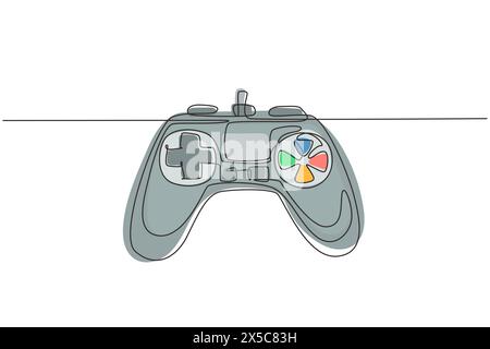 Controller di gioco PlayStation con disegno a linea singola e continua. Concorso di videogiochi. Concetto di gioco per il divertimento. Joystick isolati. Un l Illustrazione Vettoriale
