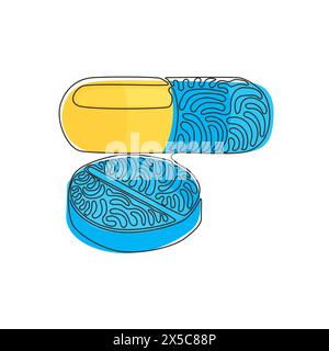 Singola linea continua disegno pillola medica e icona tablet. Pillole medicinali o compresse, capsule. Simbolo di droghe e pillole. Arriccia i capelli. Attivazione dinamica Illustrazione Vettoriale