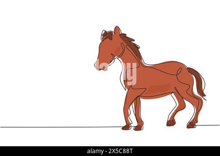 Una linea continua che disegna fiero cavallo bianco cammina con grazia con il suo zoccolo anteriore in avanti. Galoppo mustang selvatico in natura libera. Cavallo addomesticato Illustrazione Vettoriale