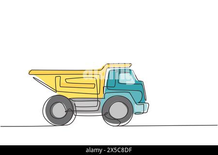 Giocattolo per cassonetto con una sola linea. Automobile pesante per giochi per bambini. Auto in design piatto. Trasporto di camion con scarico giocattolo per bambini. Continuo moderno Illustrazione Vettoriale