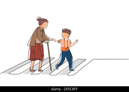 Linea singola continua disegno ragazzo educato aiutare la nonna ad attraversare la strada. Assistenza bambini ben educata a donne anziane. Bambino e anziano vanno su cr Illustrazione Vettoriale