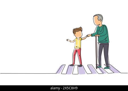 Linea singola continua disegnare Happy boy aiuta nonno ad attraversare la strada. Gentile ragazzo gentile che porta il vecchio dall'altra parte della strada, tenendosi per mano. Modi e rispec Illustrazione Vettoriale