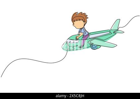 Linea singola continua che disegna un simpatico aereo da equitazione per bambini. Bambini felici in aereo. Bambini in aereo, viaggio estivo, concetto di viaggio. Dinamica Illustrazione Vettoriale