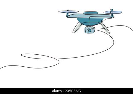 Una linea continua disegnando un drone ad aria con controllo remoto. Drone che vola con la videocamera d'azione. Creazione di fotografie con drone e video con drone. Quadricottero Illustrazione Vettoriale