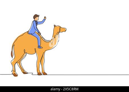 Una linea continua che attira un uomo d'affari arabo a cavallo di un cammello. Investimenti, negoziazione rialzista del mercato azionario, tendenza al rialzo delle obbligazioni. Uomo d'affari di successo tr Illustrazione Vettoriale