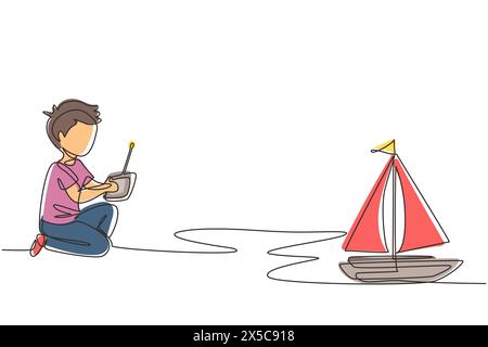 Un solo disegno a linea continua ragazzo che gioca con il giocattolo della barca a vela con telecomando. I bambini giocano con un giocattolo elettronico per barche a vela con telecomando in mano Illustrazione Vettoriale