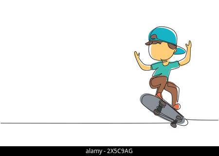 Una linea continua che disegna un ragazzo sorridente che gioca sullo skateboard. Ragazzo che accelera facendo saltare. Bambini in skateboard al parco giochi. Peccato Illustrazione Vettoriale