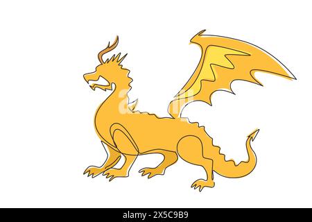 Una sola linea che disegna un drago fiabesco, una lucertola magica con ali e serpente sputafuoco. Drago volante rettile medievale. Moderno e continuo Illustrazione Vettoriale