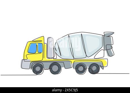 Trafilatura a linea continua singola per betoniera con vista laterale. Un'automobile pesante. Auto in design piatto. Mixer giocattolo per bambini. Attivazione dinamica Illustrazione Vettoriale