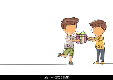 Una linea continua che disegna un ragazzo che regala al suo amico una confezione regalo con fiocco di compleanno. I bambini sono entusiasti di ricevere un regalo da un amico. Bambino consegna vacanza p Illustrazione Vettoriale