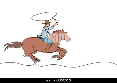 Una linea continua che attira cowboy su un cavallo al galoppo attraverso il deserto. Cowboy su cavallo correndo con il lazo. Cowboy con lasso di corda a cavallo. Cantate Illustrazione Vettoriale