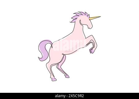 Una linea continua che disegna l'unicorno solleva due gambe anteriori. Black jumping, un animale immaginario. Magico unicorno che corre al vento. Fantasia d'infanzia. Peccato Illustrazione Vettoriale