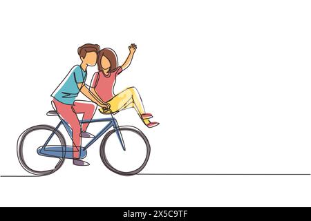 Una linea singola che attira una coppia romantica e carina in bicicletta per un appuntamento. Giovane uomo e donna innamorati. Felice coppia sposata in bicicletta insieme. Moderno Illustrazione Vettoriale