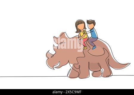 Linea singola continua che attira insieme un bambino e una bambina cavalcando triceratops. Bambini seduti sul retro del dinosauro. Bambini dell'età della pietra. Antico Illustrazione Vettoriale