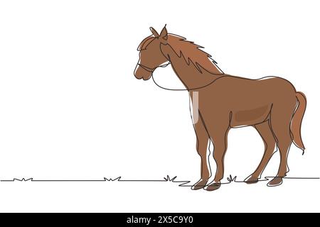 Una linea continua che disegna il cavallo in piedi non si muove guardando. Carattere forte. Campo di ranch equestre. Simbolo delle corse di cavalli, sport equestre. Illustrazione Vettoriale
