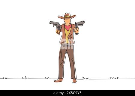 Una linea continua che disegna un pistolero selvaggio West con due pistole. Cowboy americani che puntano due pistole nel deserto. Armi per autodifesa. Singolo Illustrazione Vettoriale