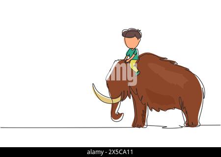 Una linea continua che attira un piccolo cavalcatore cavalcando un mammut lanoso. Ragazzino seduto sul retro del mammut. Bambini dell'età della pietra. Antica vita umana. Si Illustrazione Vettoriale