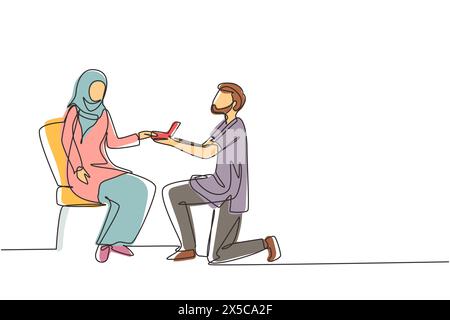 Continua una linea disegnando uomo arabo fa proposta di matrimonio donna e dà anello. Coppia felice che si prepara per il matrimonio. Sposa e sposo festeggiano Illustrazione Vettoriale