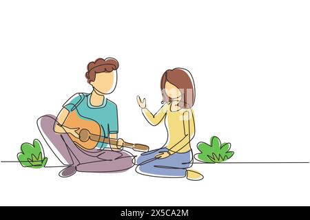 Una sola linea che attira una coppia di amanti felici ha un picnic sulla natura. Uomo romantico che suona musica alla chitarra, ragazza ascolta e canta insieme. Continua Illustrazione Vettoriale