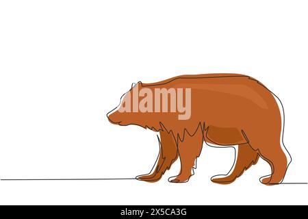 Una linea continua che attira un orso gigante che cammina in avanti nella giungla. Forte mascotte selvatica di mammiferi grizzly bruno. Pericoloso grande bestia animale. Singolo Illustrazione Vettoriale