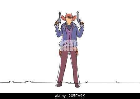 Una sola linea continua disegnava cowboy americani che tenevano in mano e sollevava le sue due pistole. Vecchio pistolero selvaggio West con due pistole. Armi per difendersi Illustrazione Vettoriale