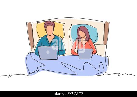 Coppia di disegno continua su una linea nel letto. Uomo e donna con laptop che navigano su Internet. Buona attività matrimoniale prima di dormire. Coppia romantica che riposa un Illustrazione Vettoriale