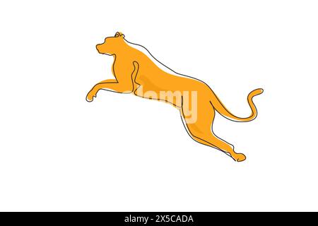 Una linea continua che disegna un ghepardo forte sta saltando per creare l'identità del logo aziendale. Concetto di mascotte animale Wildcat per lo zoo safari nazionale. Dinamica Illustrazione Vettoriale