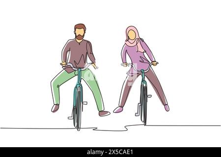 Una linea continua disegnando divertente giovane coppia araba che va in bicicletta. Romantico giro in bicicletta per adolescenti. Giovane uomo e donna innamorati. Buon matrimonio Illustrazione Vettoriale