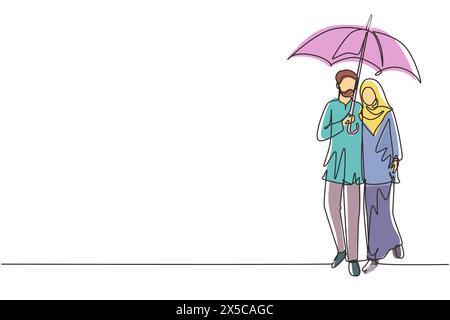 Linea singola continua disegnando coppia araba uomo donna, ragazza e ragazzo che camminano tenendo l'ombrello sotto la pioggia sorridente abbraccio. Una coppia romantica al Rainy au Illustrazione Vettoriale