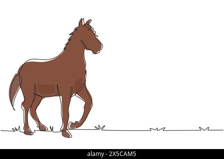 Una sola linea che disegna un cavallo da corsa con uno stallone arabo. Cavallo al galoppo di razza araba. Simbolo delle corse di cavalli, sport equestre cattivo Illustrazione Vettoriale