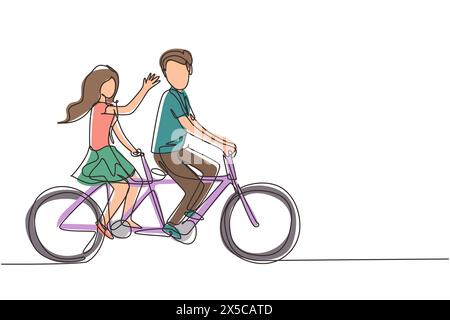 Coppia romantica con disegno continuo a una linea. La coppia felice è in tandem insieme. Famiglia felice. Intimacy celebra l'anniversario di matrimonio. Si Illustrazione Vettoriale