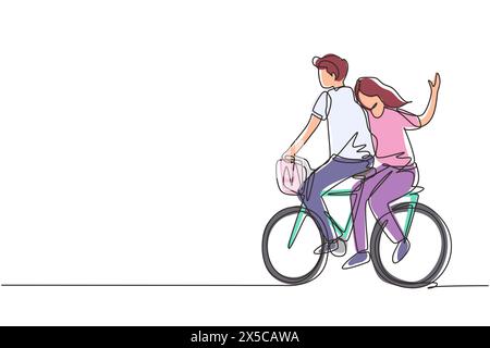 Una linea continua che attira una coppia romantica che si diverte a cavalcare un appuntamento in bicicletta. Vista sul retro della romantica gita in bicicletta di coppia adolescente. Giovane uomo e donna dentro Illustrazione Vettoriale